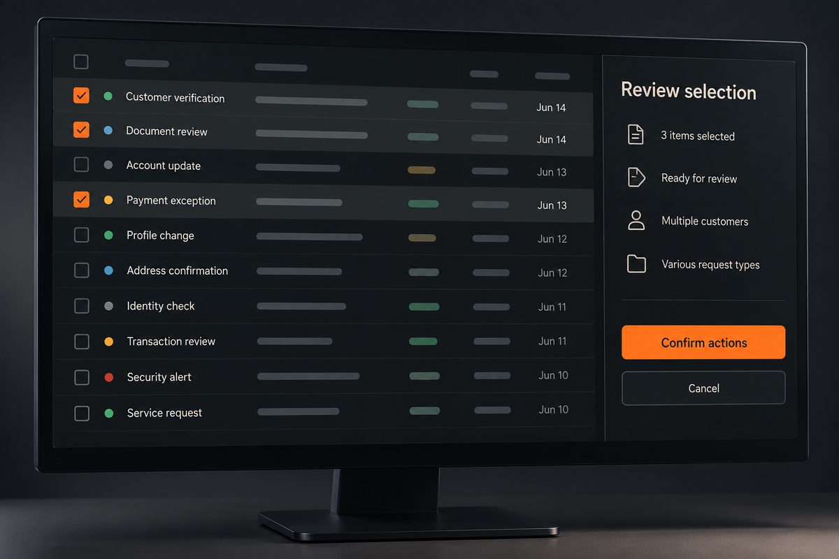 Selected work-queue rows beside a bulk-action review panel